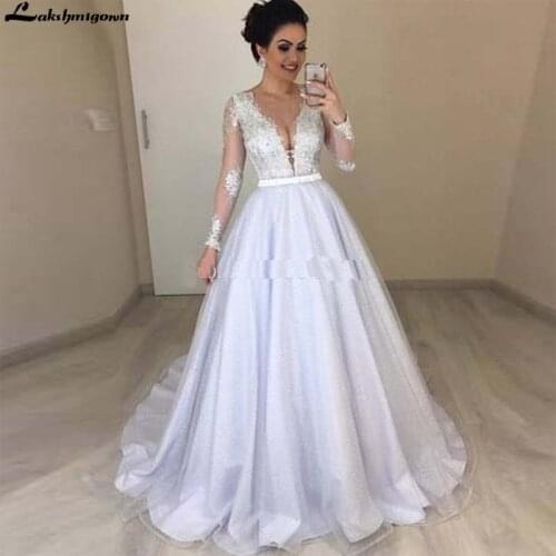 Vestido De Noiva Deep V Neck Long Sleeves Wedding Dresses Silver Appliques Shiny Tulle Bridal Wedding Gowns Floor Length