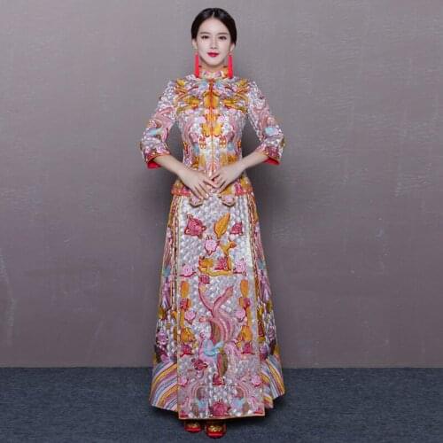 Embroidery Dragon wedding dress chinese style costume Phoenix cheongsam evening dress show clothing slim Style for the Wedding