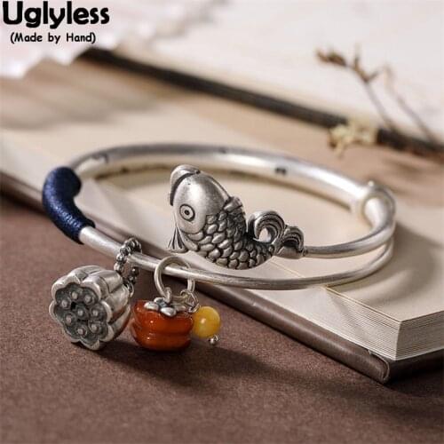 Uglyless Classic Push-pull Adjustable Vintage Fish Lotus Bangles for Women Real 990 Full Silver Thick Bangle Agate Amber Jewelry