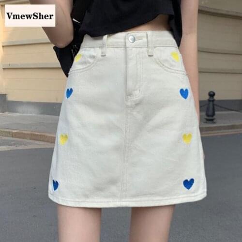 VmewSher New Summer Heart Print Women Skirts Denim Apricot Chic Short Lady Elegant Mini Jean Skirt Casual High Waist Streetwear