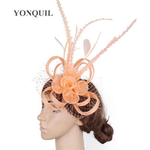 Long Feather Decor Hair Women Fascinator Headwear Bride Elegant Veils Wedding Bride Headdress Cocktail Ladies Sinamay Fascinator