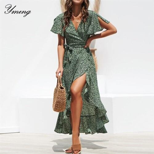 Yming Summer Long Maxi Dress Women Boho Floral Print Party Robe Femme Dresses V Neck Beach Sundress Casual Split Dress Vestidos