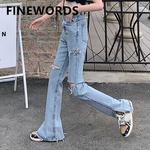 FINEWORDS Blue Korean Ripped Split Flare Jeans Women High Waist Boyfriend Mom Jeans Casual Vintage Streetwear Punk Denim Pants