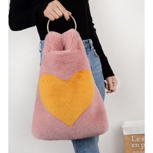 Faux Rabbit Fur Women Handbags Luxury Designer Winter Tote Bag High Quality Heart Pattern bolso ZD2025