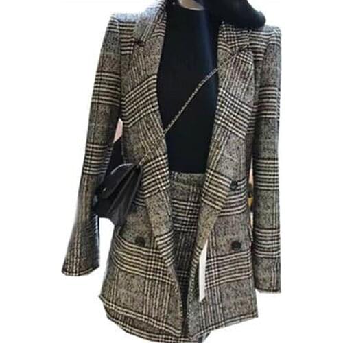Fashion Plaid Suit Women Two Piece Set 2021 Spring Autumn Office Work Long Sleeve Casual Jacket Coat Shorts Outerwear Suit Skirt