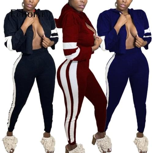 Echoine Fall Winter Women Warm Sporty Two Pieces set Hooded Long Sleeve Cropped Fleece Jacket & Casual Sweatpant Trouser Outfit