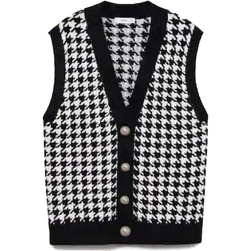 Women Houndstooth Loose Knitted Vest Sweater Autumn Winter New Plaid V-neck Single Breasted Knitted Coat Thick Vintage Female