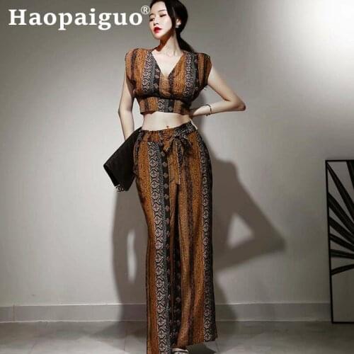 2019 Summer Vintage Women Two Piece Set Print Short Sleeve Blouse and Wide Leg Pants Women 2 Piece Set Plus Size Sexy Clothe