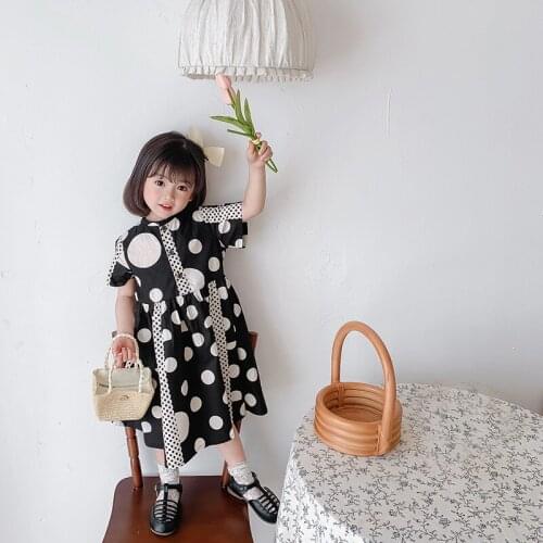 2021 Korean Summer Girls Dress Black And White Geometric Element Design Dress Fashion Patchwork Dot Girl Dresses
