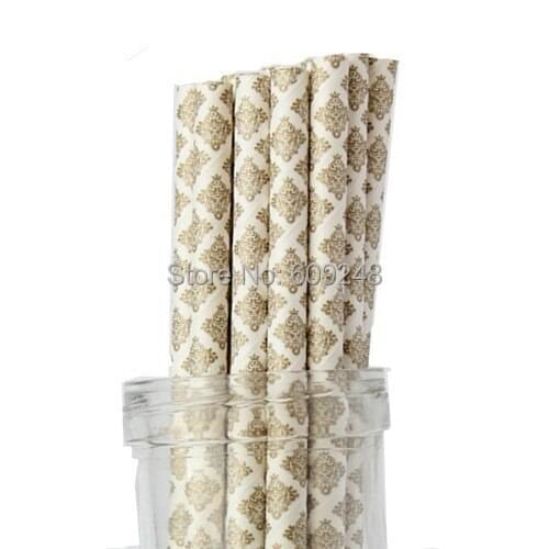 100pcs Pick Your Colors Gold Damask Paper Straws for Wedding Christmas Party Anniversary, Sturdy IN Mason Jar Mugs w/ Daisy Lids