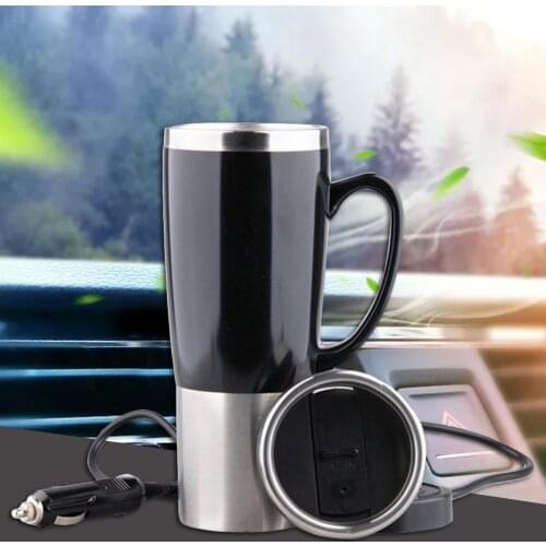 Car Electric Heating Cup Stainless Steel 450ML Travel Heating Mug Coffee Tea Drinking Cup Mug Black With Cigarette Lighter Cable