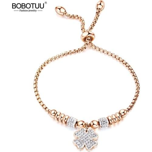 BOBOTUU Titanium Stainless Steel Mosaic Crytal Flower Charm Bracelets For Girls Rose Gold Adjustable Chain Bracelet BB20054