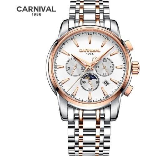 Carnival Top Brand Gold Automatic Military Watch Men Fashion Waterproof Moon Phase Mechanical Wristwatch Clock Relogio Masculino