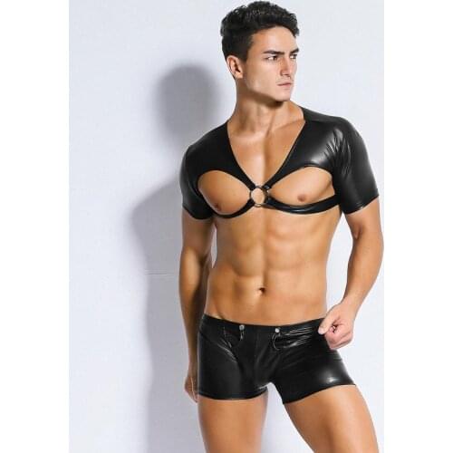 Black fetish men clothes Faux Leather Bondage Erotic costume men bdsm gay Harness Chest Tops Shorts Underwear