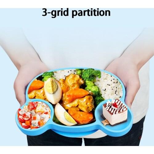 Kids Dinner Plate 3 Grids Bear Shaped Food Bowl Silicone Tableware for Boys Girls 3Colors