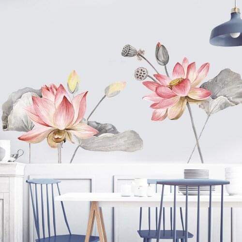 DIY Lotus Living Room Bathroom Decoration Vinyl Wall Stickers Vintage Poster Chinese Style Flower Home Decor Mural