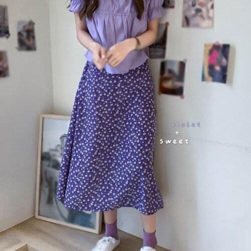 Retro Floral Long Skirt Summer Beach Sunny Skirts Ladies Floral High Waist Skirts Purple