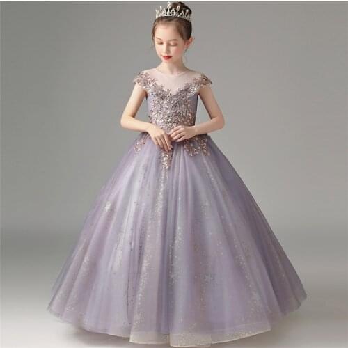 2021Spring Summer New Arrivals Purple Color Noble Birthday Wedding Party Ceremony Dress For Children Girls Festivals Dress Wear