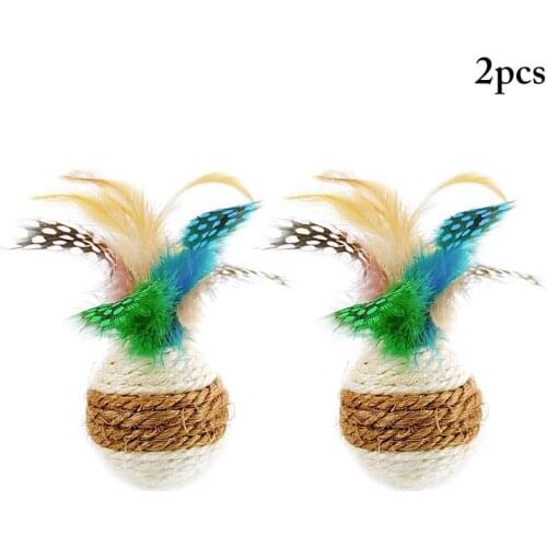Kapmore 2Pcs/Set Sisal Cat Balls Bite-Resistant Artificial Feather Decor Cat Toys Cat Chew Toys Pet Supplies