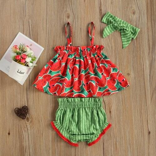Summer Lovely Baby Girls Clothes Sets 3pcs Watermelon Printed Sleeveless Vest Tops Shorts Headband 0-24M
