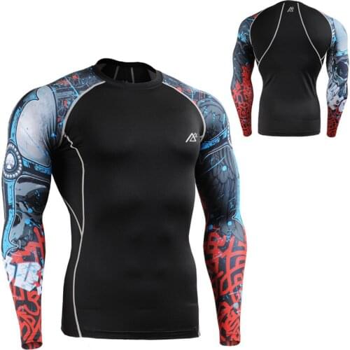 Men`s Double Sleeves Tattoo Printed Compression Shirt Ultra-light Super Elastic Fitness Training Running Tops Shirts