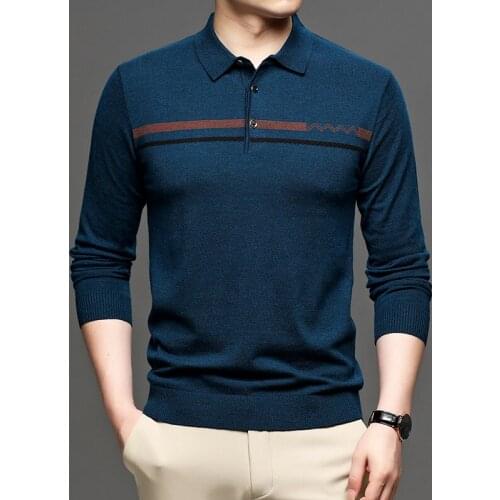 Male Wool Sweater Patchwork Cashmere Slim Sweater Stpried Man Polo Collar Fit Wool Sweater Pullovers Long Sleeved