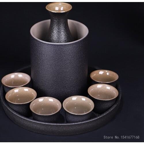 Japanese Style Ceramic Sake Pot Cup Set Black Pottery Liquor Flask Wine Bottle Cups Tray 9pcs/Set