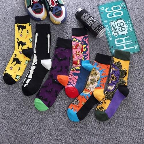 1 Pair Colorful Combed Cotton Socks Shark Skull Pattern Long Tube Happy Men Socks Novelty Skateboard Crew Casual Crazy Socks