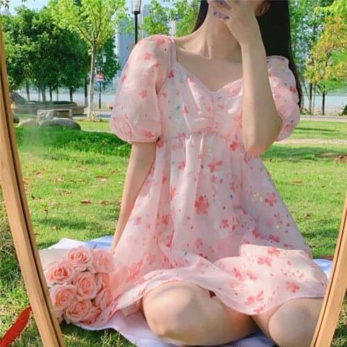 Summer New 2021 Sweet Printed Sequin Fairy Dress For Teens Girl First Love Gentle Bubble Sleeve Mini Dresses