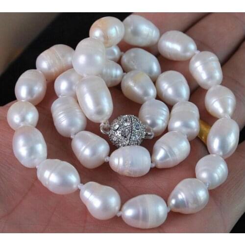 Natural 11-13MM white Baroque pearl necklace 18" Magnet button