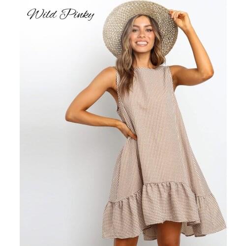 WildPinky Casual Summer Boho Dress Women Plaid O-Neck Sundress Loose Ruffle Hem 2020 Female Beach Mini Dress Female Vestidos