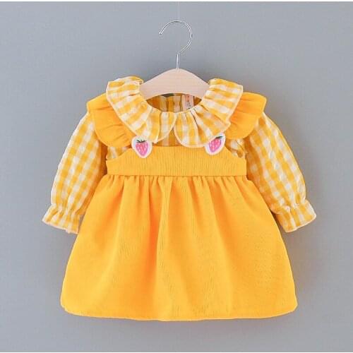 Baby Girls Dresses Children Long Sleeves Autumn Clothes Ruffle Plaid Patchwork Strawberry Appliques Princess Dress Kids Outfis