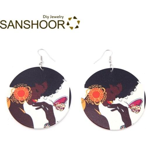 SANSHOOR Vintage Afro Woman Butterfly Wood Drop Earrings African Blacks Bohemia Halloween Jewelry As Women Christmas Gift 1Pair