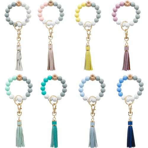 Silicone Bead Keyring Bracelet Wristlet Bangle W/ Tassel Keychain