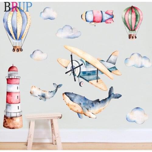 Hand Painted Style Hot Air Balloon Wall Stickers Sharks Airplane Wall Decals for Kids Room Baby Nursery Decoration Home Decor