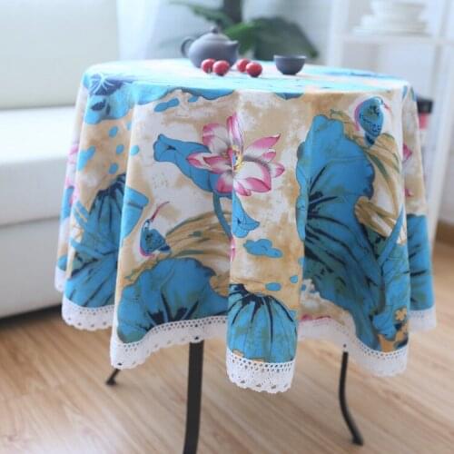 Fabric linen cotton restaurant round table cloth Chinese style classical lace home garden lotus round cover towel