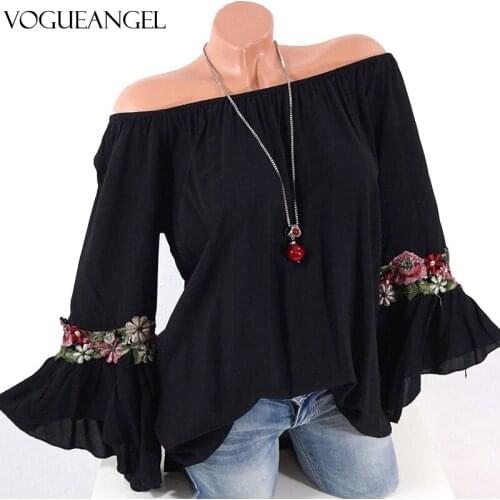 Off Shoulder Floral Embroidery Women Blouse Chiffon Flare Sleeve Tunic Tops Ladies Chemisier Blusas Mujer De Moda 2021 Verano