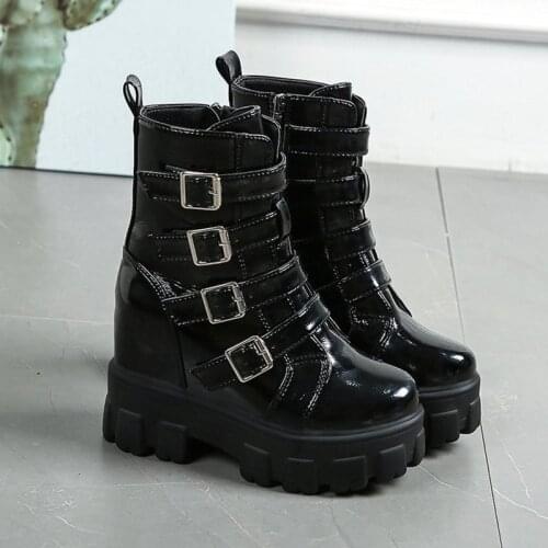 Sexy Punk Party Wedge Ankle Boots Buckle Leather Black Motorcycle Women Boots Platform Chunky Heel Shoes For Female 10 cm