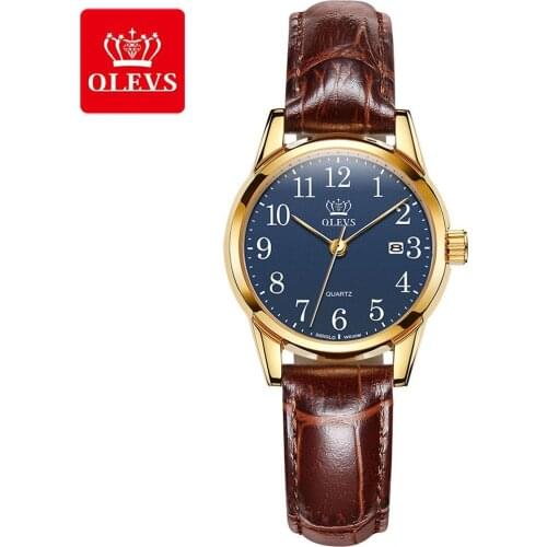 OLEVS Womens Quartz Watch Top Brand Fashion Watches Casual Luxury Dress Genuine Brown Leather Waterproof Wristwatch for Lady