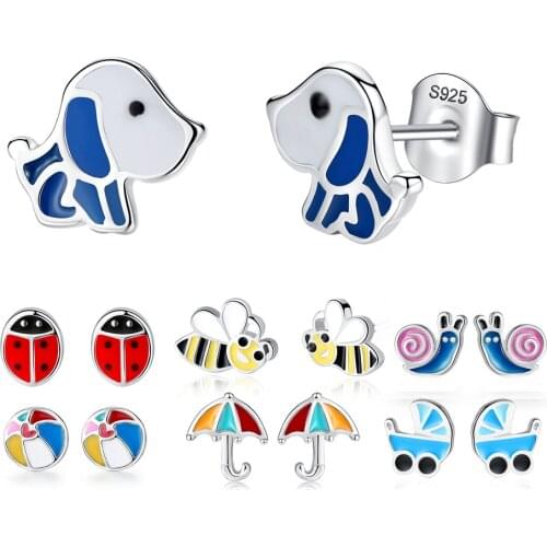Solid 925 Sterling Silver Small Earrings for Women Girls Kids Car Ball Ladybug Dog Cute Earrings Enamel Jewelry Christmas Gift