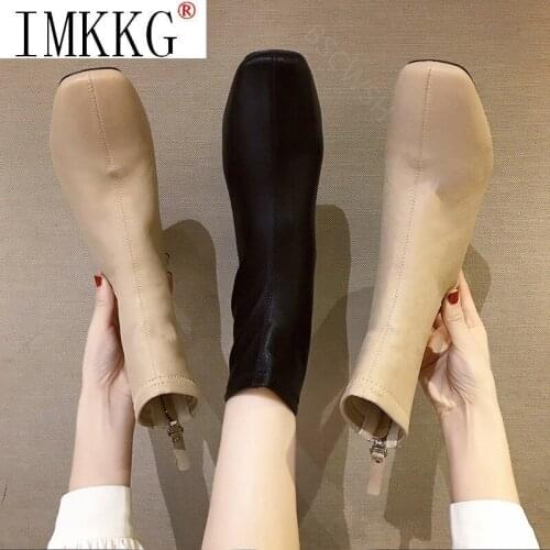5cm Heel Women Autumn Ankle Boots Square High Heels Female Round Toe PU Leather Boots Ladies Casual Slip On Woman Shoes