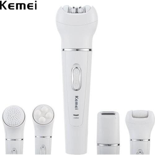 Kemei 5 In 1 Women Epilator Wool Device Electric Shaver Razor Shaving Ladys Callus Remover Facial Cleansing Brush Massager