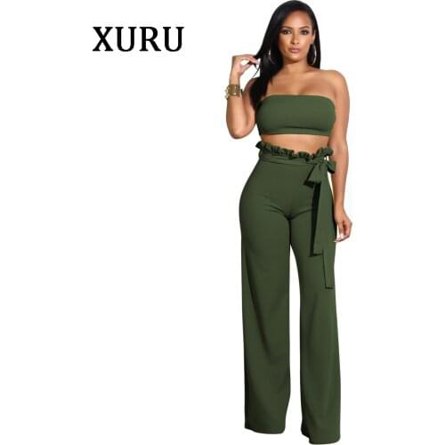 XURU White Black Blue Women Off Shoulder Jumpsuits Strapless Short Top + Wide Leg Pants Two Piece Set Belted Jumpsuits