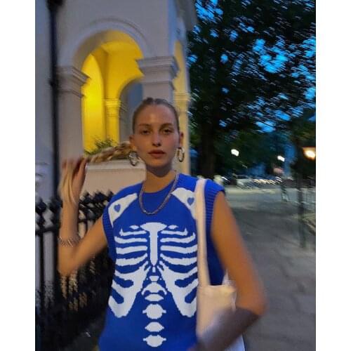 Halloween women Skeleton woolen vest Women Loose Knit Vest, Adults Sleeveless Color Block Skeleton Print Round Neck Pullover