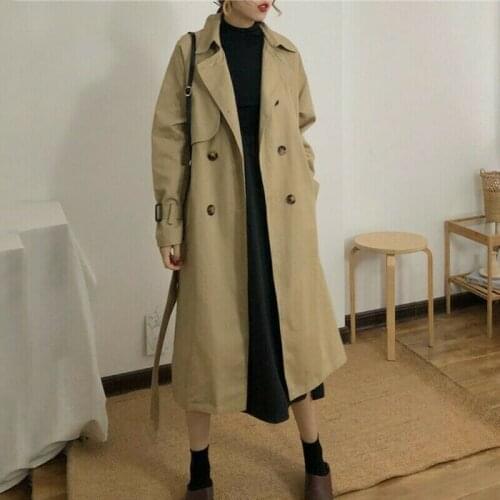 Womens Trench Coat Long Double Breasted Belted Jacket Parka Vintage