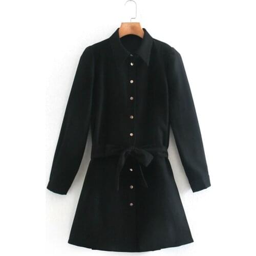 Evfer Women Autumn Cusual Za High Waist Velvet Short Dresses With Blet Female Elgenat Turn-Down Collar Black Shirt Dress Chic