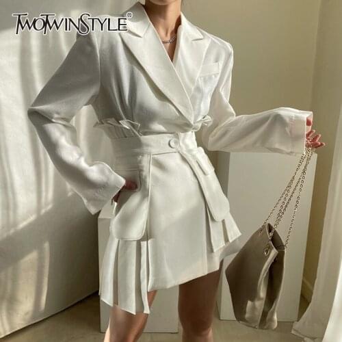 TWOTWINSTYLE Korean White Pleated Dress For Women Notched Long Sleeve High Waist Sashes Slim Mini Dresses Female 2021 Summer New