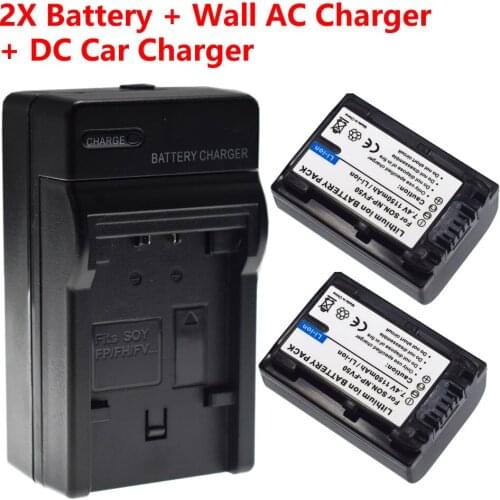 2-Pack NP-FV50 Battery + Home&Car Charger For Sony DCR-HC96 DCR-SX40 DCR-SX40RN Camcorder 1150mAH