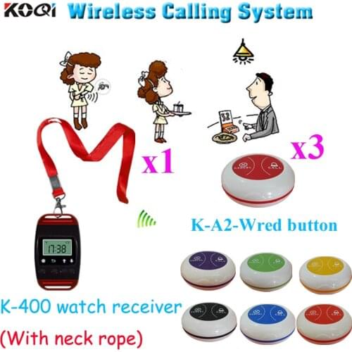 Wireless Waiter Pager System Beautiful Best Design With The Neck Rope Watch Pager & Call Button( 1pcs watch & 3pcs call button)