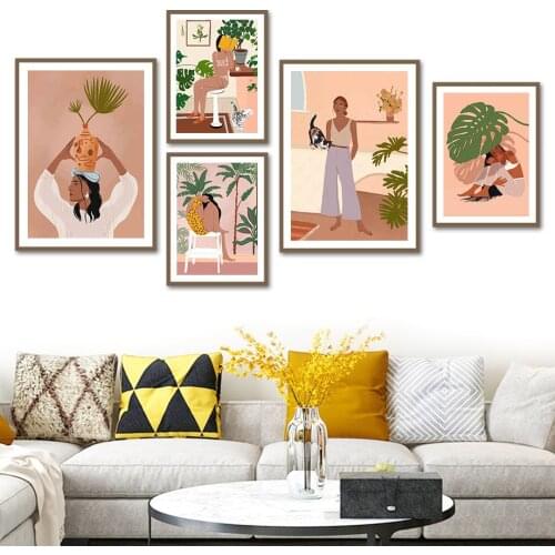 Bohemian Girl Monstera Green Plants Study Wall Art Canvas Painting Nordic Posters And Prints Wall Pictures For Living Room Decor
